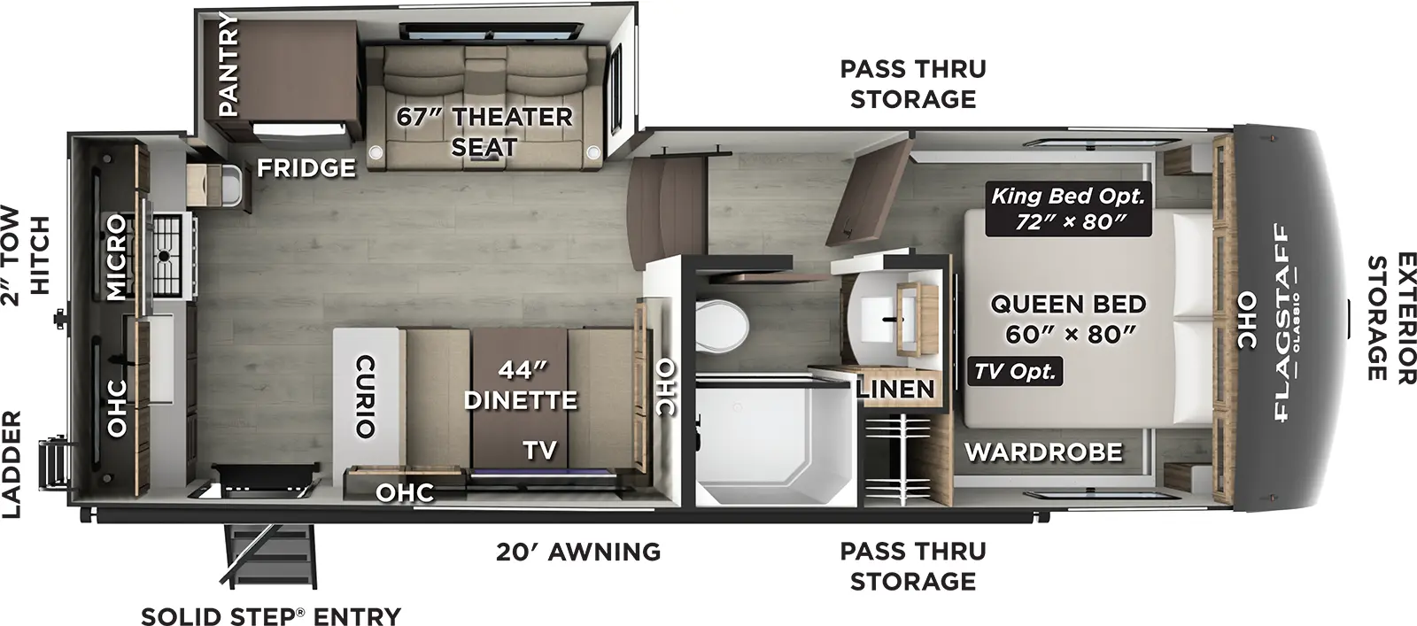 The Flagstaff Classic Fifth Wheels F282RK floorplan has one entry and one slide out. Exterior features include: fiberglass exterior and 20' awning. Interiors features include: rear kitchen and front bedroom.
